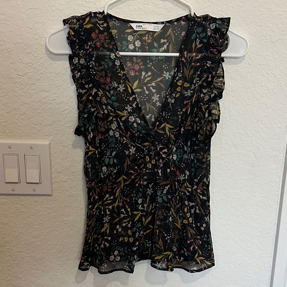 Zara Black Floral Ruffle Blouse